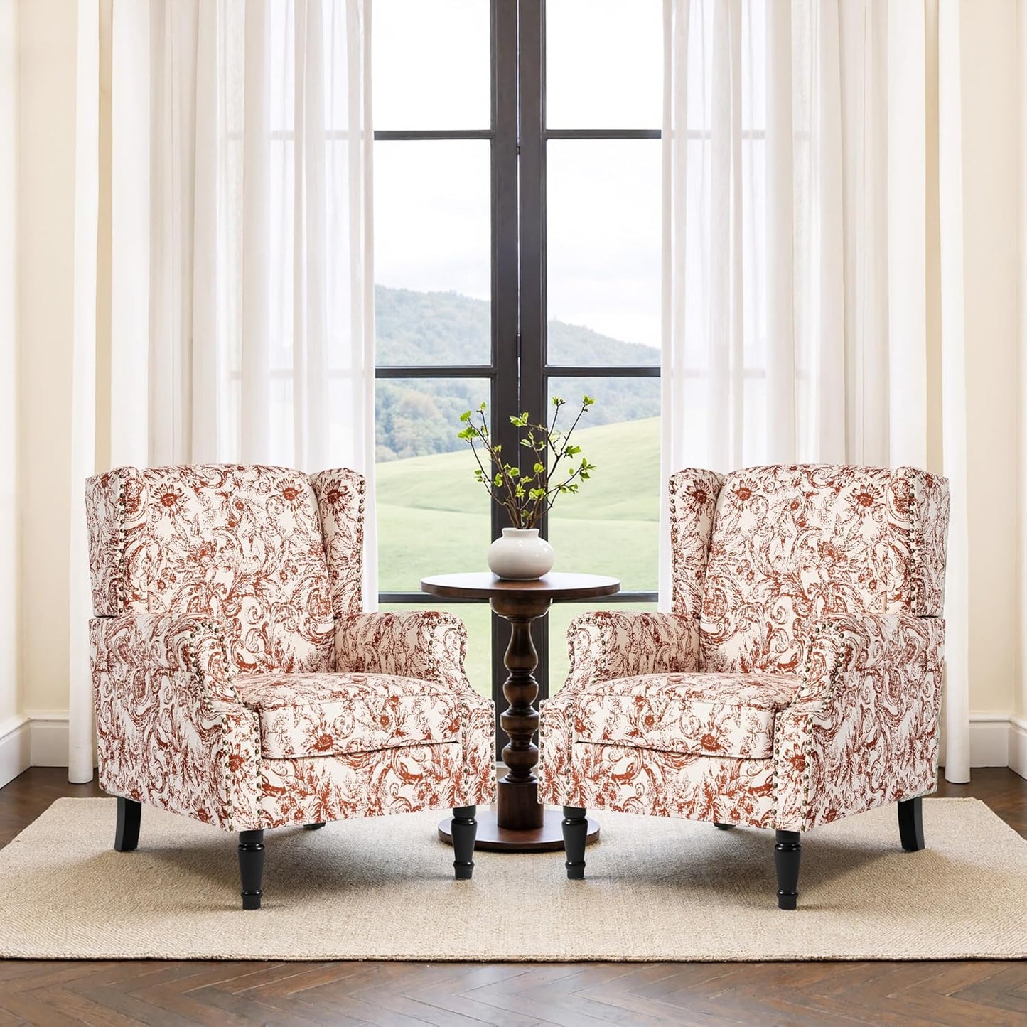 Swivel Rocker Recliner Chair, Manual Nursery Glider Recliner, Floral Fabric Wingback Accent Chair with Adjustable Backrest & Footrest for Small Spaces Living Room Bedroom (Plants Floral, Set of 1)