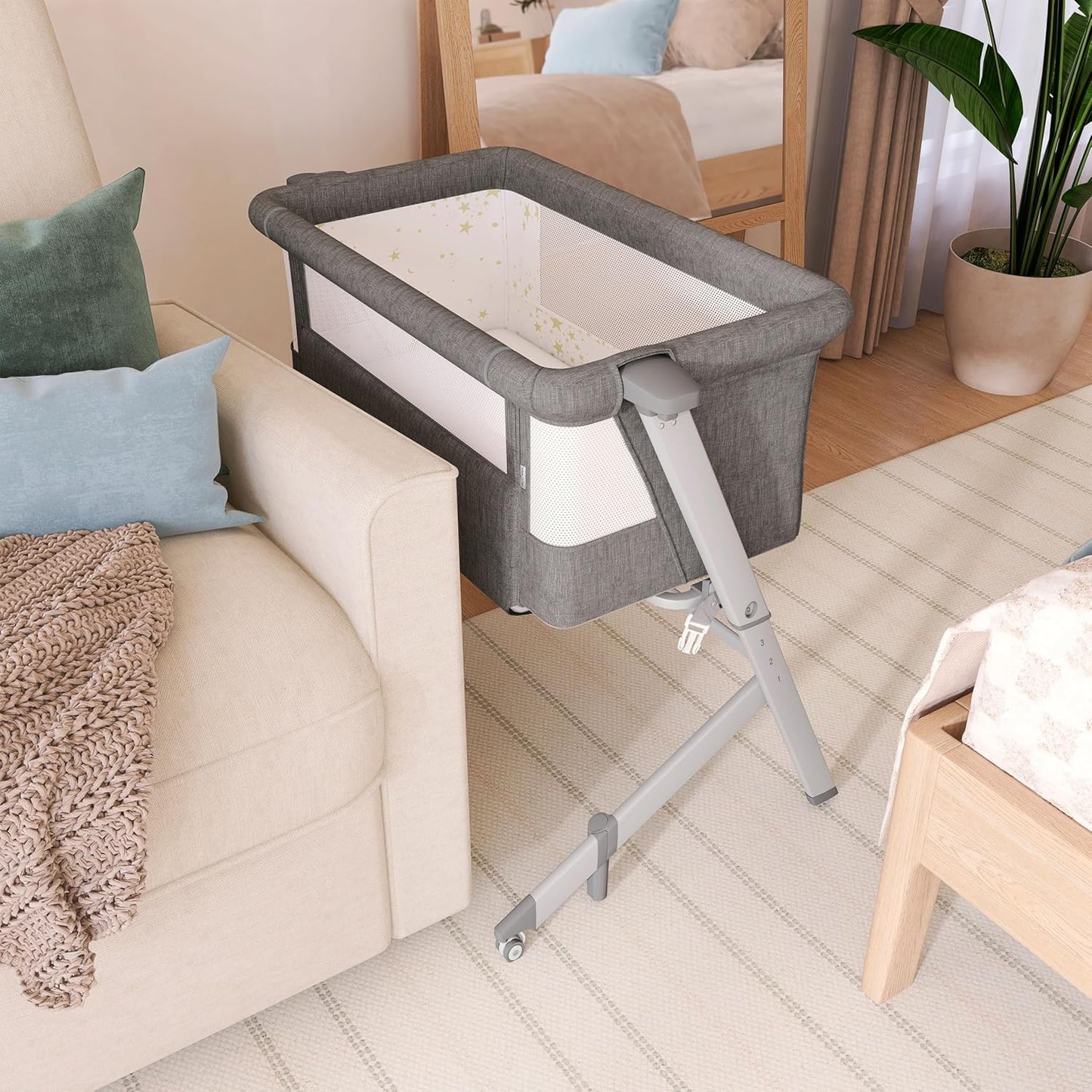 Dream On Me Skylar Bassinet and Bedside Sleeper, Adjustable Heights, Breathable Mesh Sides, Plush Mattress Pad, Wheels with Safety Locks & Tool-Free Assembly, Compact Fold & Travel Bag - Pink