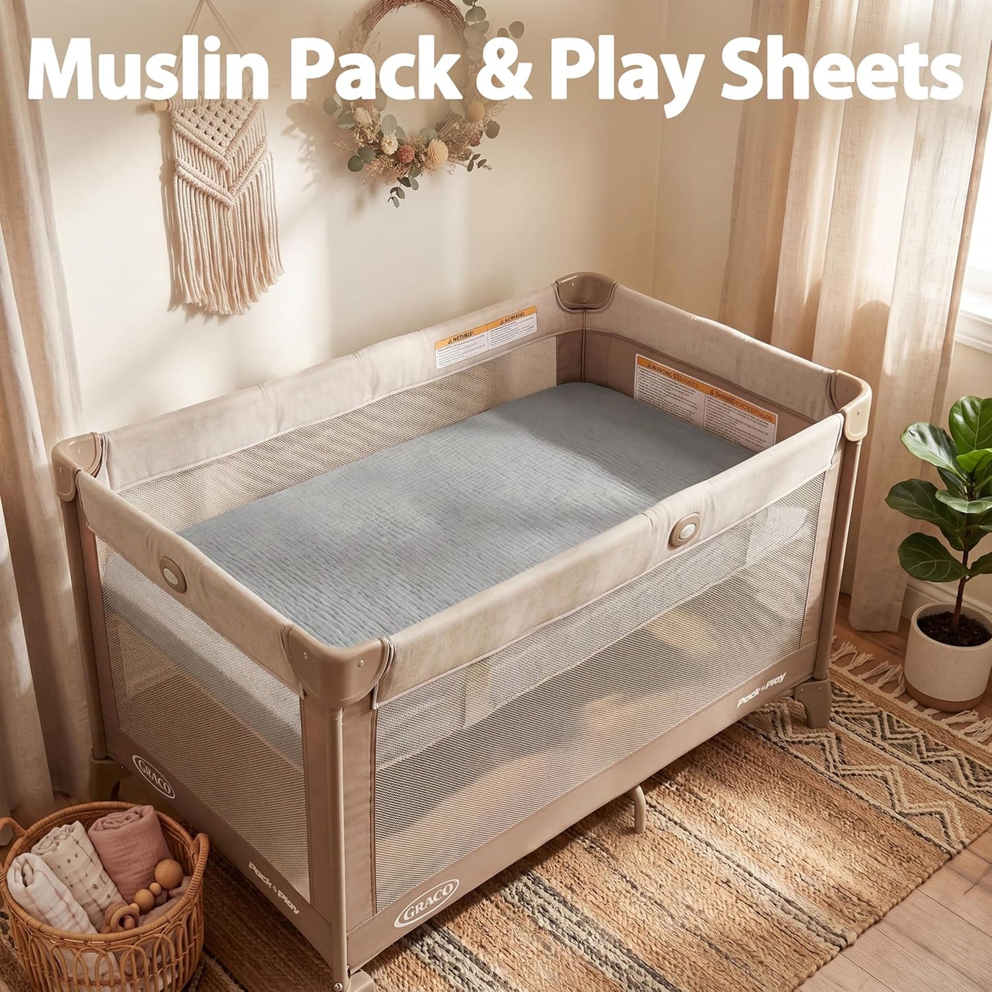 Muslin Bassinet Sheet Compatible with Maxi-COSI Iora & Iora Air Bedside Sleeper - 100% Cotton Rectangular Mattress Pad Cover (33"x20"), Breathable & Soft, Boho (1 Pack Blue)