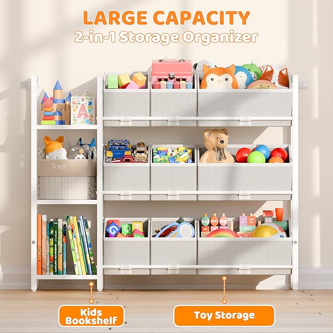 CODACE Kids Toy Organizers and Storage - Toy Shelf for Playroom， Kids Room and Living Room Organization, Toddler Toy Bins for Kids Organizer，Kids Bookshelf and Toy Storage, White, Easy to Assemble