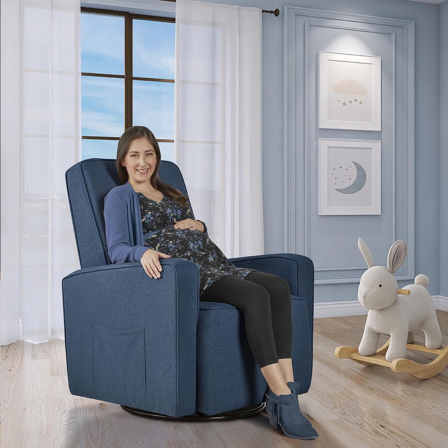 Evolur Holland Upholstered Plush Seating Glider Swivel, Glider Chair for Nursery in Harbor, Modern Nursery Glider, Tool-Free Assembly, Easy to Clean, Environmentally Conscious Glider