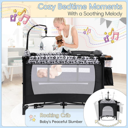 Xilingol 5-in-1 Pack and Play, Baby Bassinet Bedside Sleeper with Diaper Changer, Storage Bag & Music Box, Portable Baby Crib with Carry Bag, Foldable Playard with Bassinet for Newborn to Toddlers