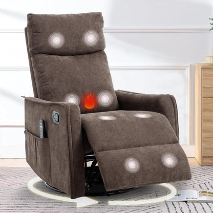 cinkehome Swivel Rocker Recliner, Glider Rocker Recliner Chair for Nursery, Manual Reclining Chair with Heated Massage, Small Spaces, Living Room, Khaki Chenille
