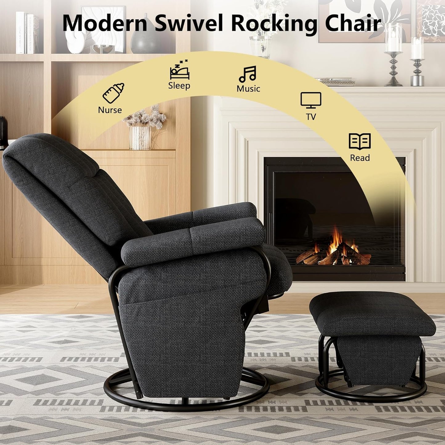 AODAILIHB 360° Swivel Glider Recliner with Ottoman, Nursing Glider Rocking Chair with Foot Rest & 2 Side Pockets for Nursery, Living Room, Bedroom, Office, White
