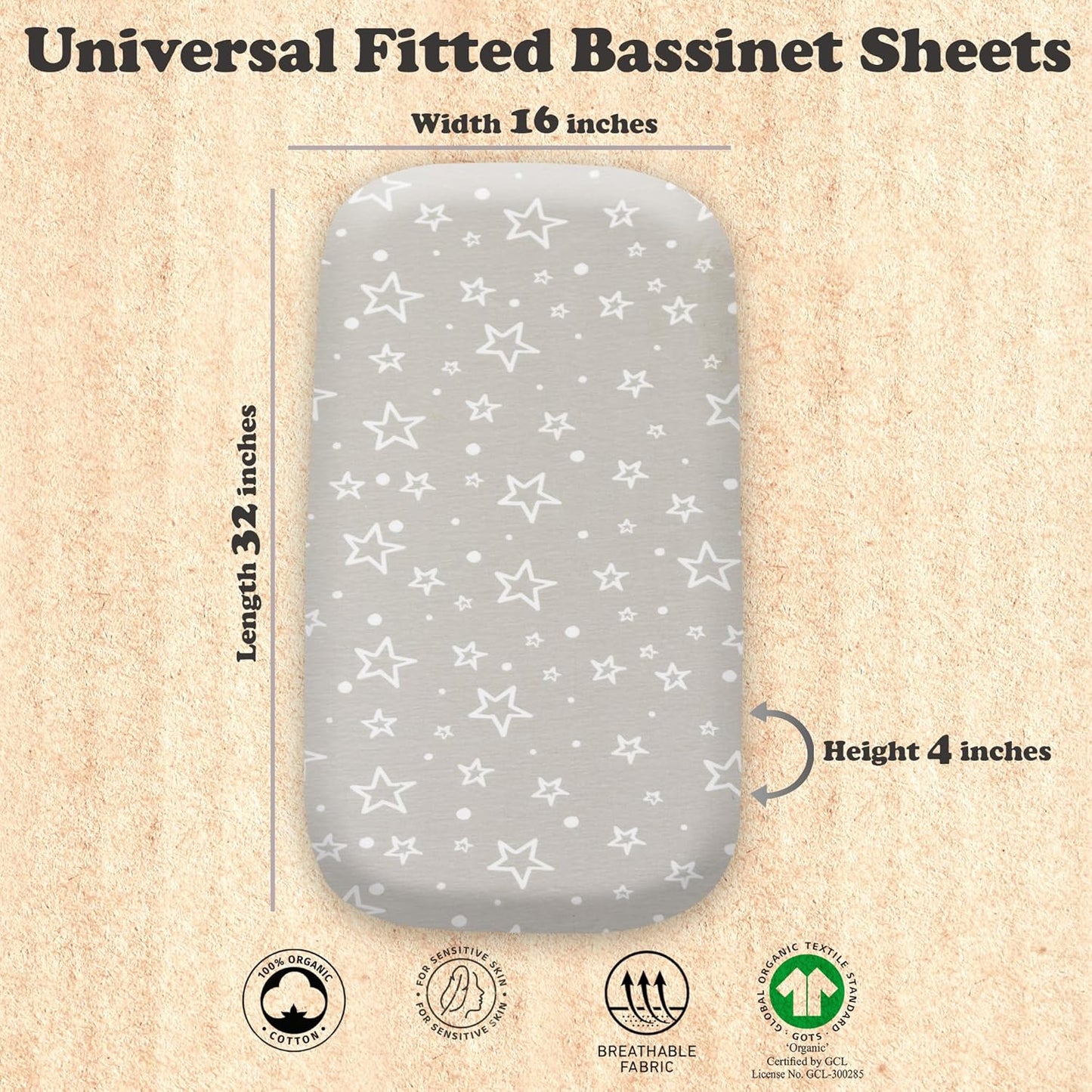 3-Pack Bedside Sleeper Bassinet Sheets | GOTS Certified Organic 100% Muslin Cotton | Ultra Soft & Breathable | 33×20×4” Fitted Sheets | Universal Fit 29–33” x 17–21” Pads