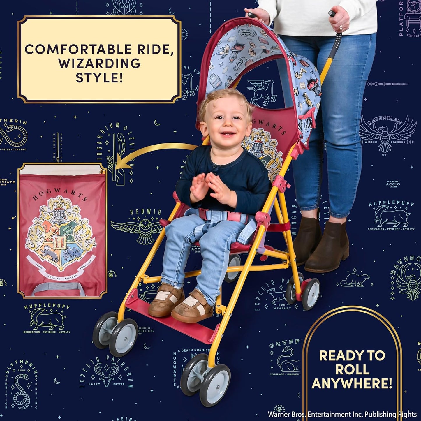 Harry Potter Umbrella Stroller for Toddlers – Lightweight Foldable Travel Stroller with 3-Point Harness, Locking Wheels, Adjustable Canopy, Compact & Portable