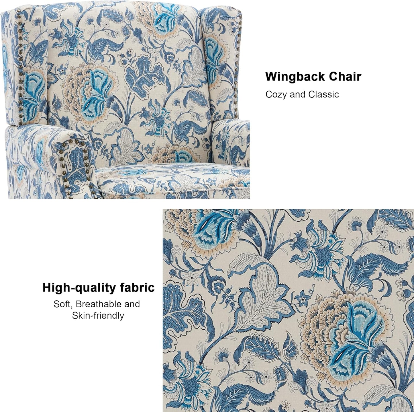 Swivel Rocker Recliner Chair, Manual Nursery Glider Recliner, Floral Fabric Wingback Accent Chair with Adjustable Backrest & Footrest for Small Spaces Living Room Bedroom (Plants Floral, Set of 1)