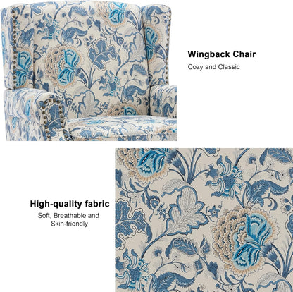 Swivel Rocker Recliner Chair, Manual Nursery Glider Recliner, Floral Fabric Wingback Accent Chair with Adjustable Backrest & Footrest for Small Spaces Living Room Bedroom (Plants Floral, Set of 1)