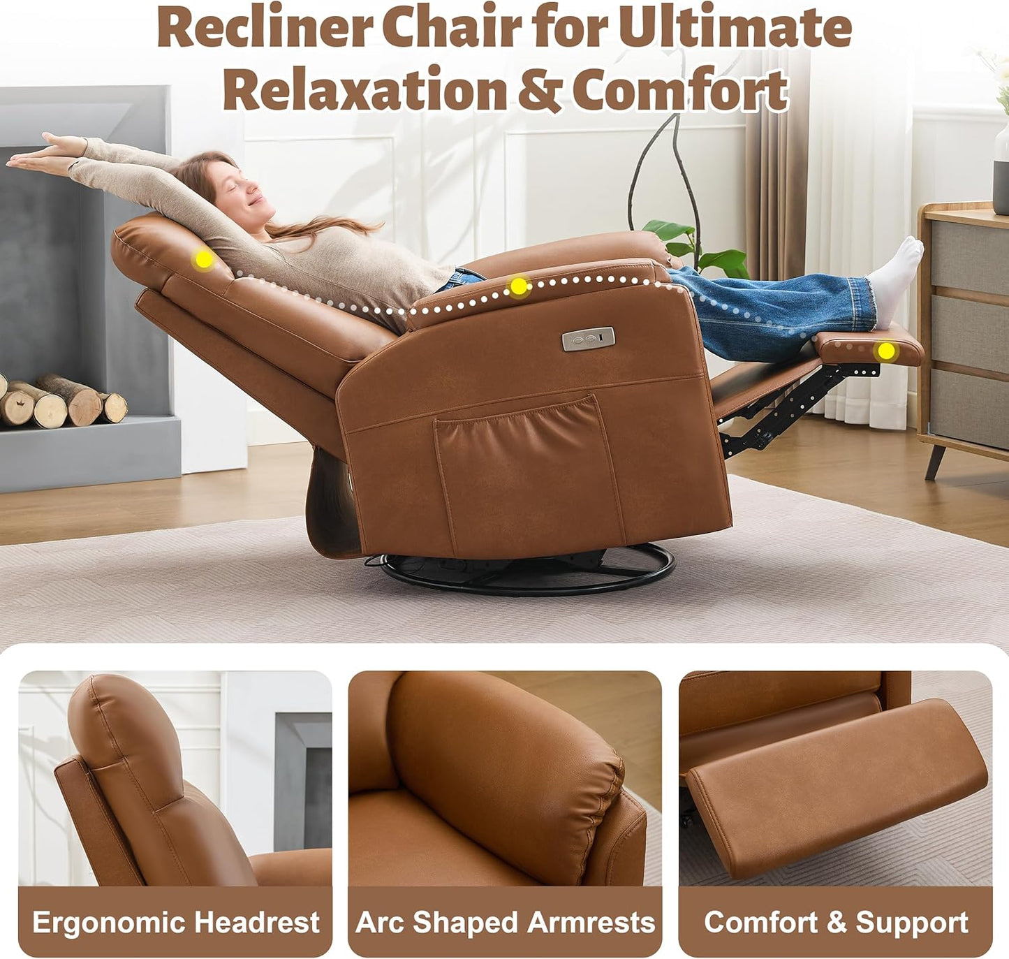 Power Glider Recliner Nursery Rocking Chair with USB Ports, Glider Chair with Lumbar Pillow for Living Room, Glider Swivel Recliner Chair for Nursery(Beige)