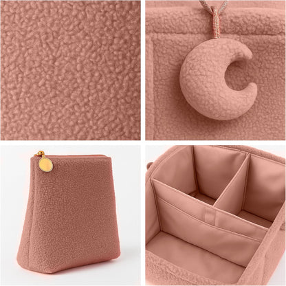 Orelle Bouclé Diaper Caddy Organizer with Matching Pouch & Moon Pendant | Teddy Portable Changing Table Organizer | Must-Have Baby Shower Gifts | Cream