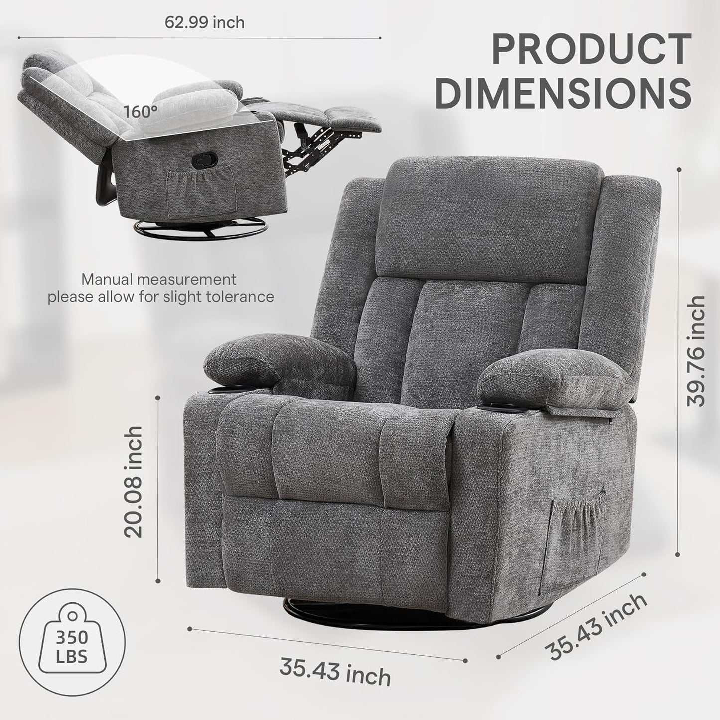 Swivel Rocker Recliner Chair, Lazy Boy Recliner with Cup Holders, 360 Degree Rotating Nursery Rocking Chair, Manual Glider Recliner for Living Room (1, Yellow)