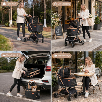 Premium Dog Stroller for Small & Medium Dogs, 6 in 1 Luxury Foldable Pet Stroller with Detachable Carrier, Travel Cat Stroller with 360° Rotating Wheels, Detachable Pet Car Seat, Black