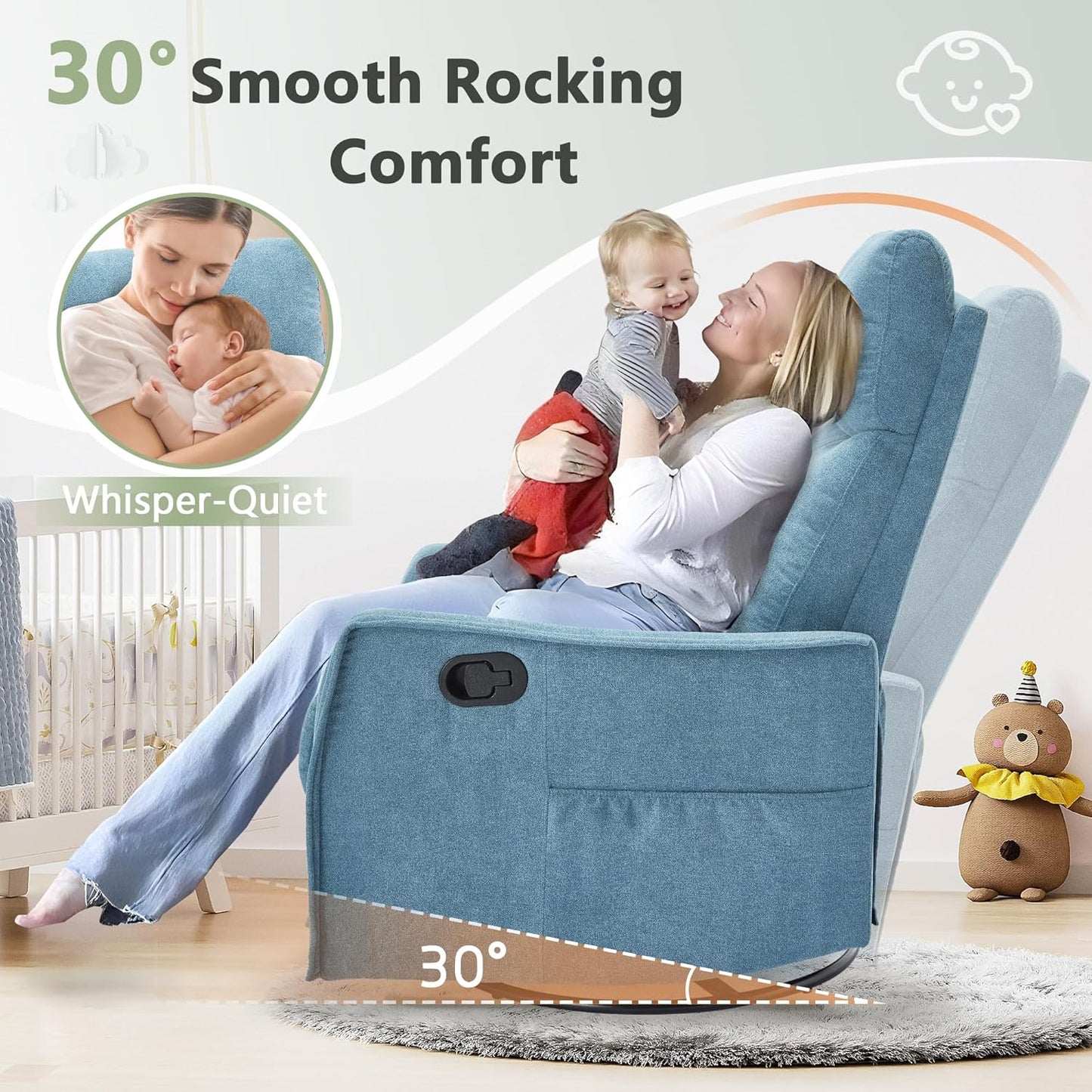 cinkehome Swivel Rocker Recliner, Glider Rocker Recliner Chair for Nursery, Manual Reclining Chair with Heated Massage, Small Spaces, Living Room, Khaki Chenille