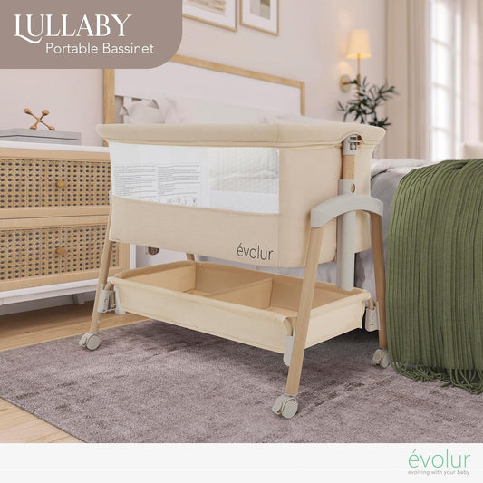 Evolur Lullaby Portable Bassinet with Wheels, Adjustable Bedside Sleeper, Breathable Mesh Sides, Large Storage Basket, Easy Fold, and Travel Bag Included, Perfect for Newborns & Infants - Biege