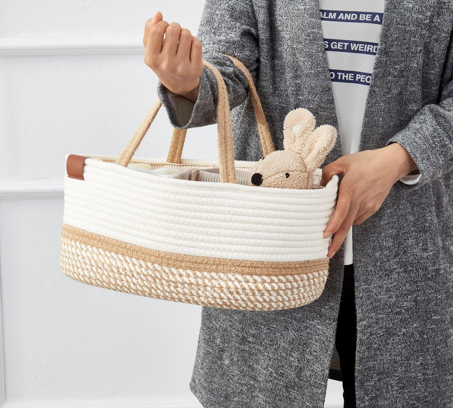 DECOMOMO Baby Caddy Organizer, Mother's Day Diaper Caddy Basket, Baby Baskets for Baby Shower (Spiral Beige & White, Large)