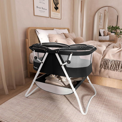 Dream On Me Karley Bassinet, Award Winner Lightweight Travel Baby Bassinet, Foldable Bedside Sleeper, Adjustable Double Canopy, Spacious Design, Soft Fabric, Storage Basket – Blue and Grey