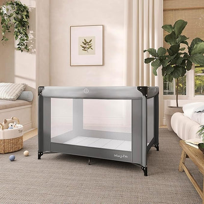 Dream On Me Zazzy Portable Playard with Bassinet - 360° Mesh Visibility, Quick Folding Travel Friendly Design, Carry Bag and Foldable Mattress Pad Included, Compact and Lightweight - Gray