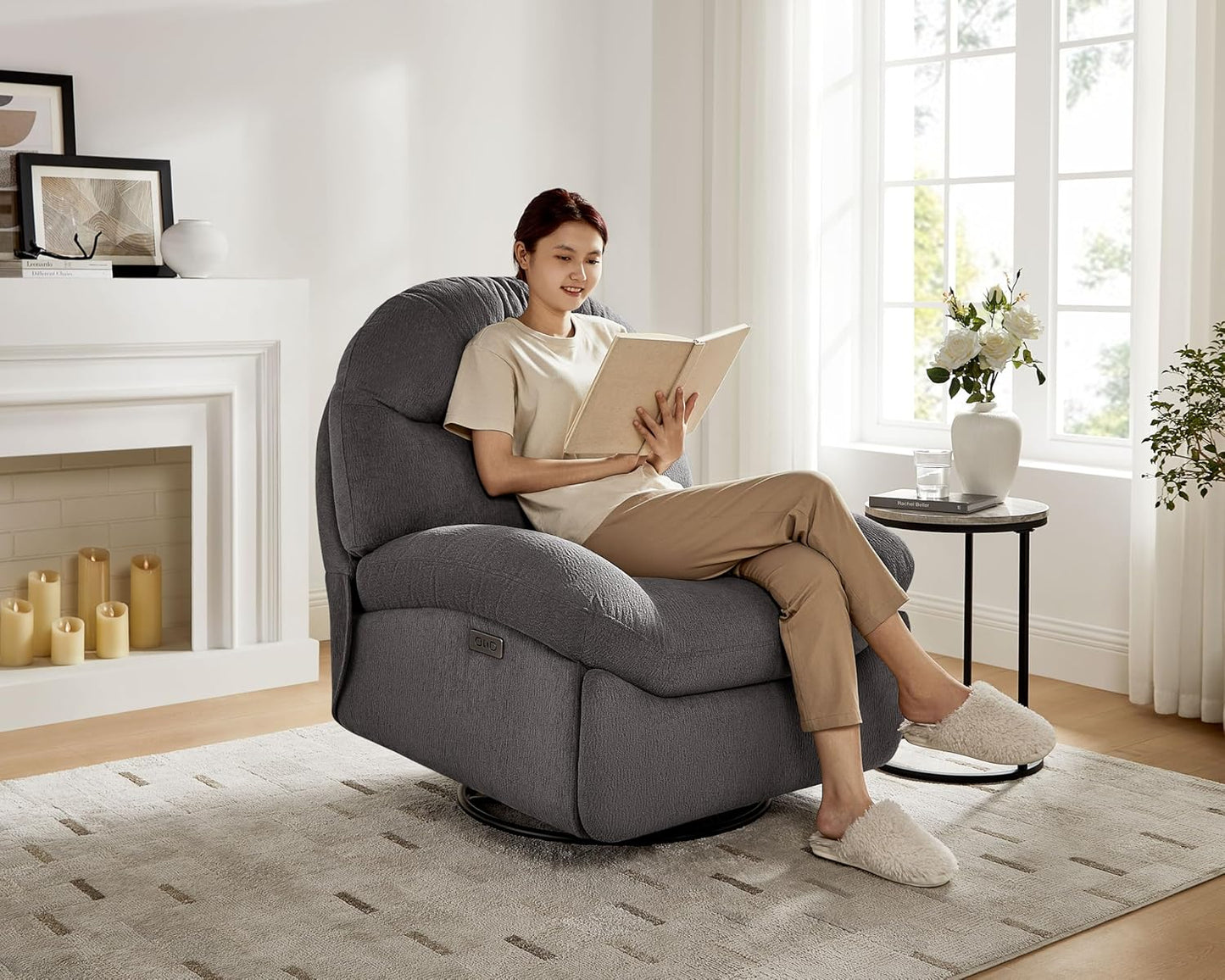 VANOMi Power Recliner Chair with USB & Type-C Charging, 270° Swivel Glider Rocker, Electric Nursery Recliner for Living Room, Bedroom, and Office, White