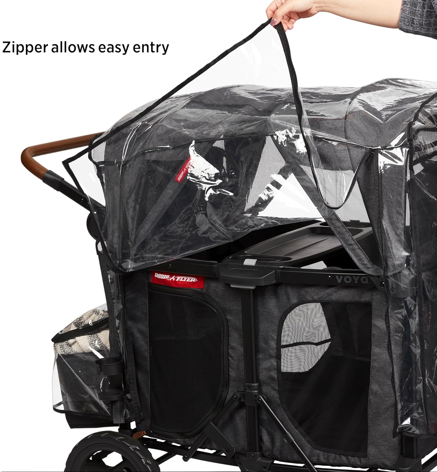 Radio Flyer Voya Quad Stroller Wagon Rain Cover with Storage Bag, Black, Waterproof Stroller Cover for 4-Seater Wagon with High Sides, Fast-Drying Design, Zippered Side Panel for Easy Access