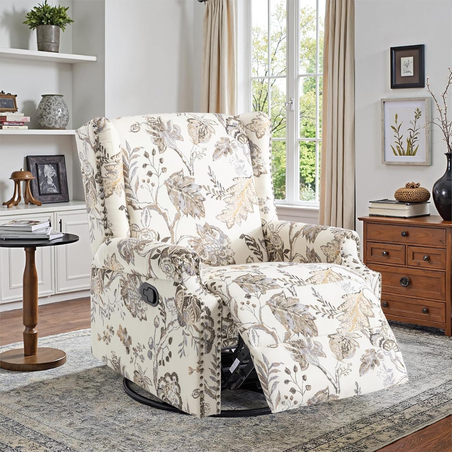 Swivel Rocker Recliner Chair, Manual Nursery Glider Recliner, Floral Fabric Wingback Accent Chair with Adjustable Backrest & Footrest for Small Spaces Living Room Bedroom (Plants Floral, Set of 1)