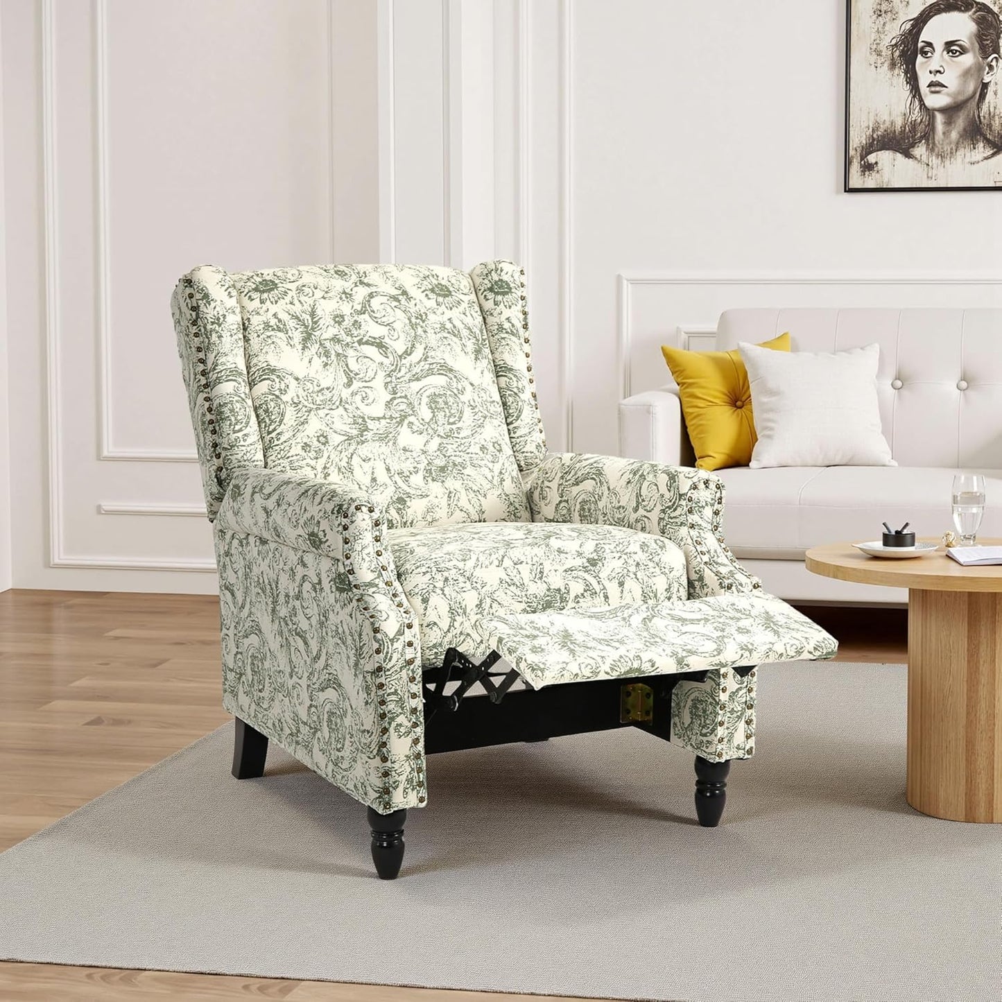 Swivel Rocker Recliner Chair, Manual Nursery Glider Recliner, Floral Fabric Wingback Accent Chair with Adjustable Backrest & Footrest for Small Spaces Living Room Bedroom (Plants Floral, Set of 1)
