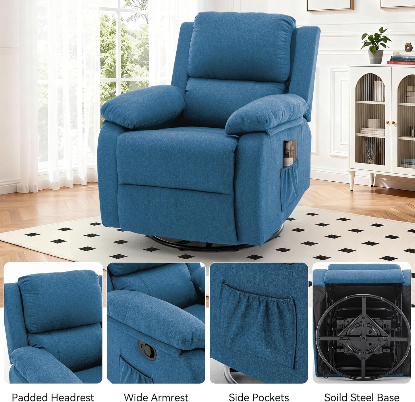 Korser Recliner Chair, 360 Swivel Rocker Chair for Adults, Small Rocking Recliner for Small Spaces, Upholstered Fabric Glider Recliner Nursery