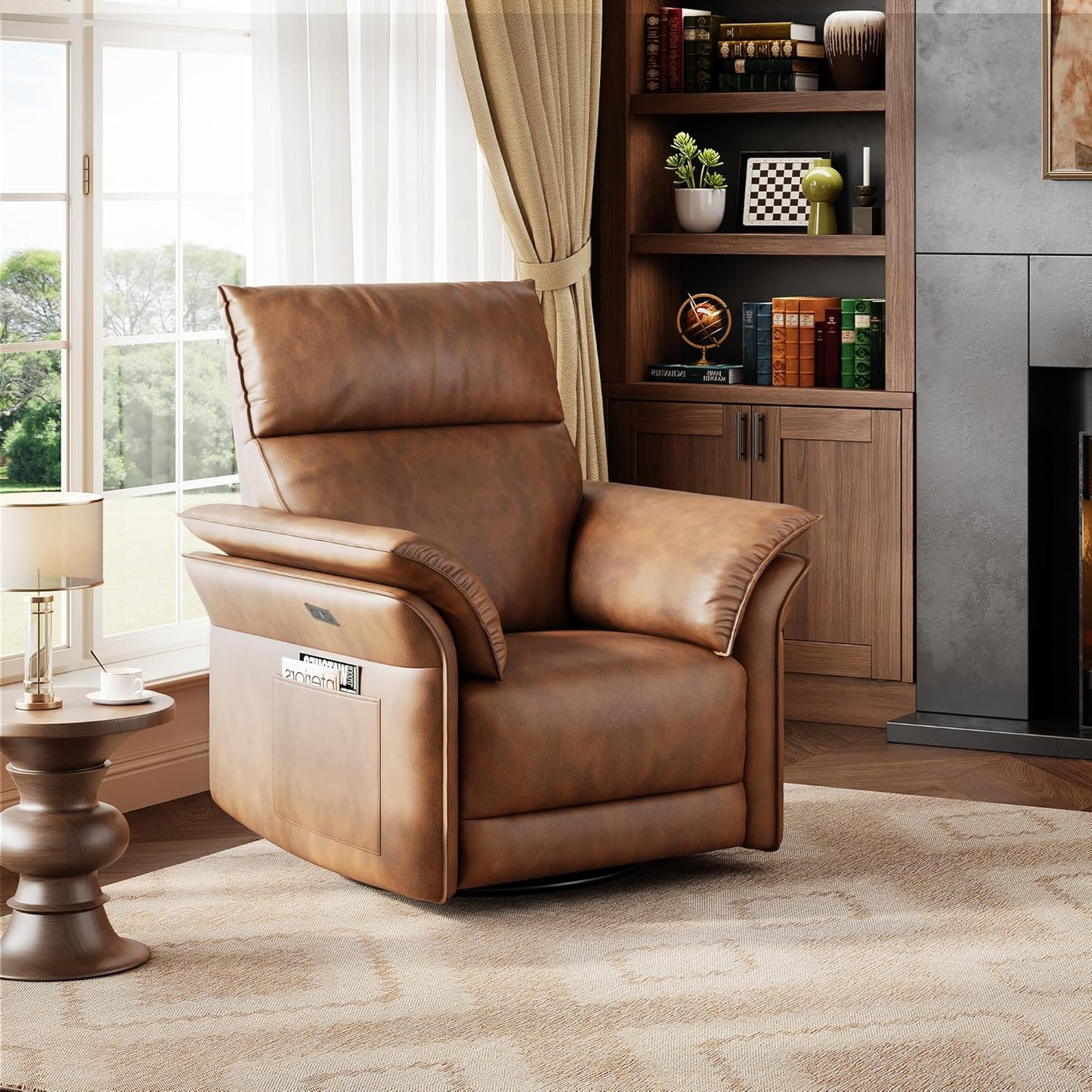 GarveeHome Power Recliner Chair, 270° Swivel Rocking Glider with USB Charging Port, Chenille Upholstered Fabric, Ergonomic Modern Nursery Chair for Living Room, Bedroom, Nursery (Beige)