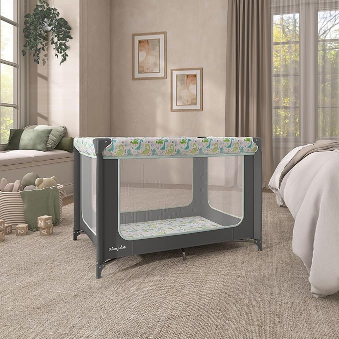 Dream On Me Zodiak Baby Playard, Breathable Mesh Sides, Soft Comfortable Mattress, Quick & Easy to Fold with Travel Carry Bag, Compact Space Saving Design - Grey/Green