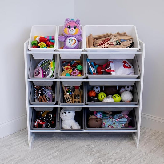 Humble Crew Toy Storage Organizer with 12 Removable Storage Bins for Kids Playroom, 4-Tier Toddler Toy Organization and Storage, White/Grey Gradient Ombre