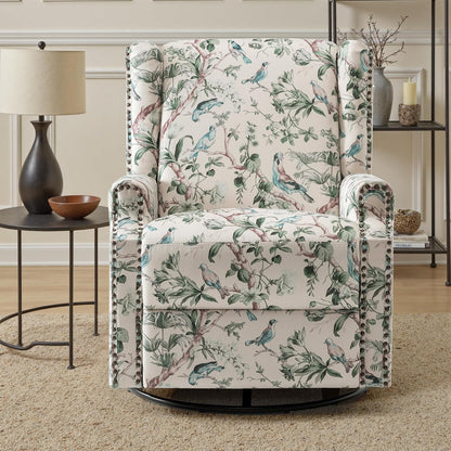 UIXE Swivel Glider Recliner Chair for Adults, High Back Nursery Rocker Floral Upholstered Armchair for Living Room, Manual Reclining Rivet Trim Sofa Lounge with Deep Seat in Fabric - Navy Blue