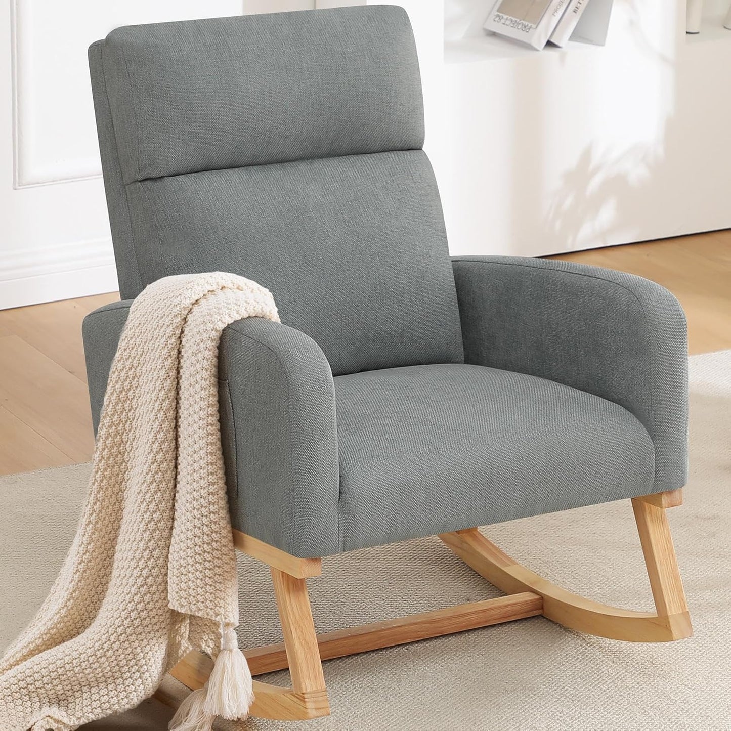 Rocking Chair Nursery - Glider Modern Accent Chairs Upholstered Nursing Rocker Padded Armchair for Indoor Living Room Bedroom Beige