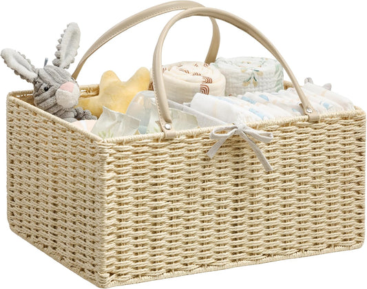 Angelhood Large Paper Rope Diaper Caddy, Baby Essentials Organizer, Portable Baby Shower Baskets Gift Bin, Car Storage Bag for Nursery