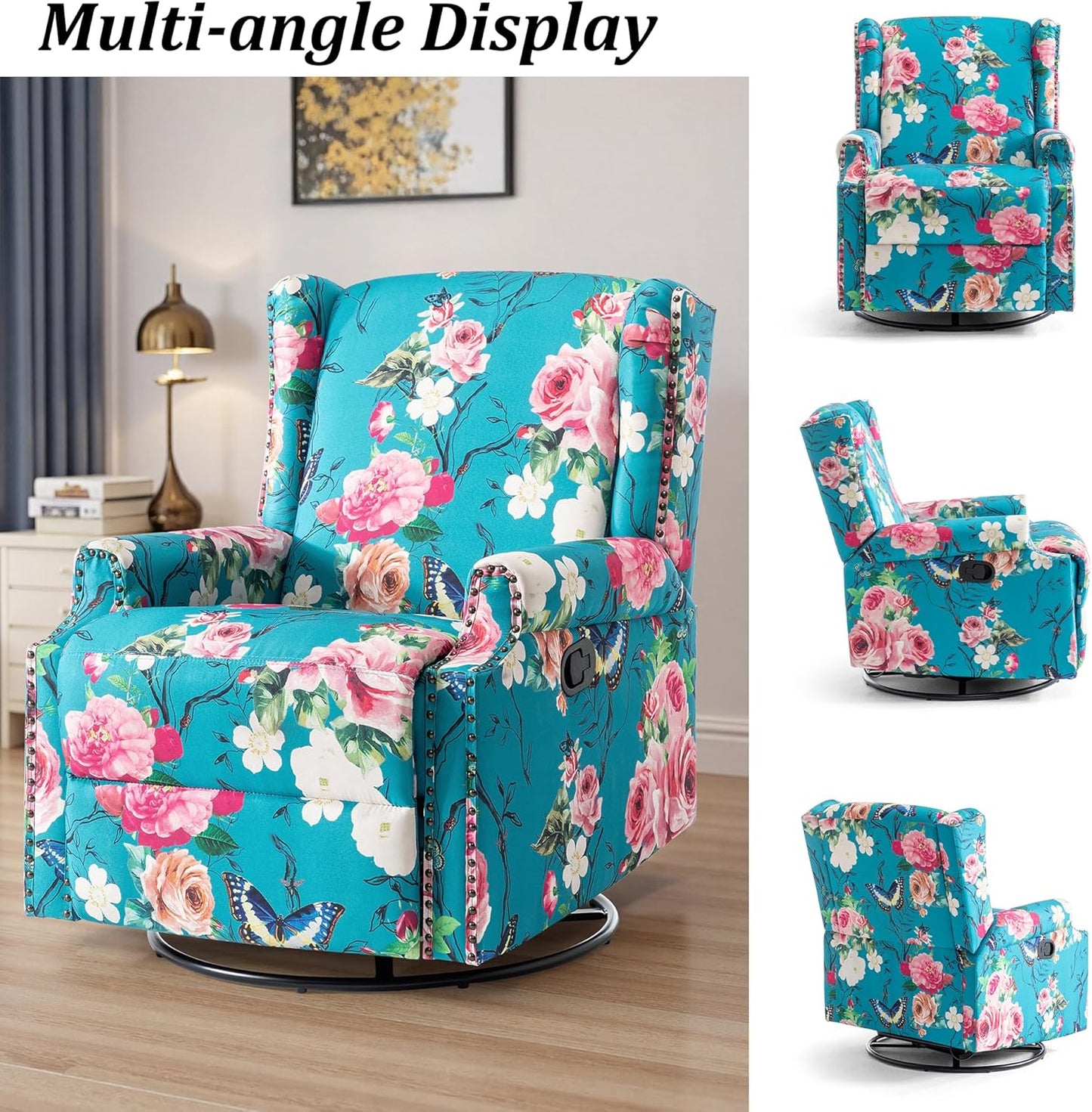 Swivel Rocker Recliner Chair, Manual Nursery Glider Recliner, Floral Fabric Wingback Accent Chair with Adjustable Backrest & Footrest for Small Spaces Living Room Bedroom (Plants Floral, Set of 1)