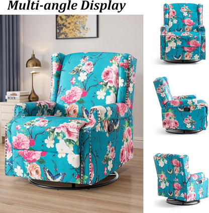 Swivel Rocker Recliner Chair, Manual Nursery Glider Recliner, Floral Fabric Wingback Accent Chair with Adjustable Backrest & Footrest for Small Spaces Living Room Bedroom (Plants Floral, Set of 1)