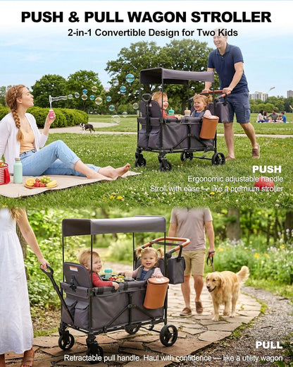 2-in-1 Wagon Stroller for Two Kids – Foldable Push & Pull All‑Terrain Wagon with Canopy, 5‑Point Harnesses, 2-in-1 Storage Bag (Converts to Shoulder Bag), Lightweight, Compact – Black