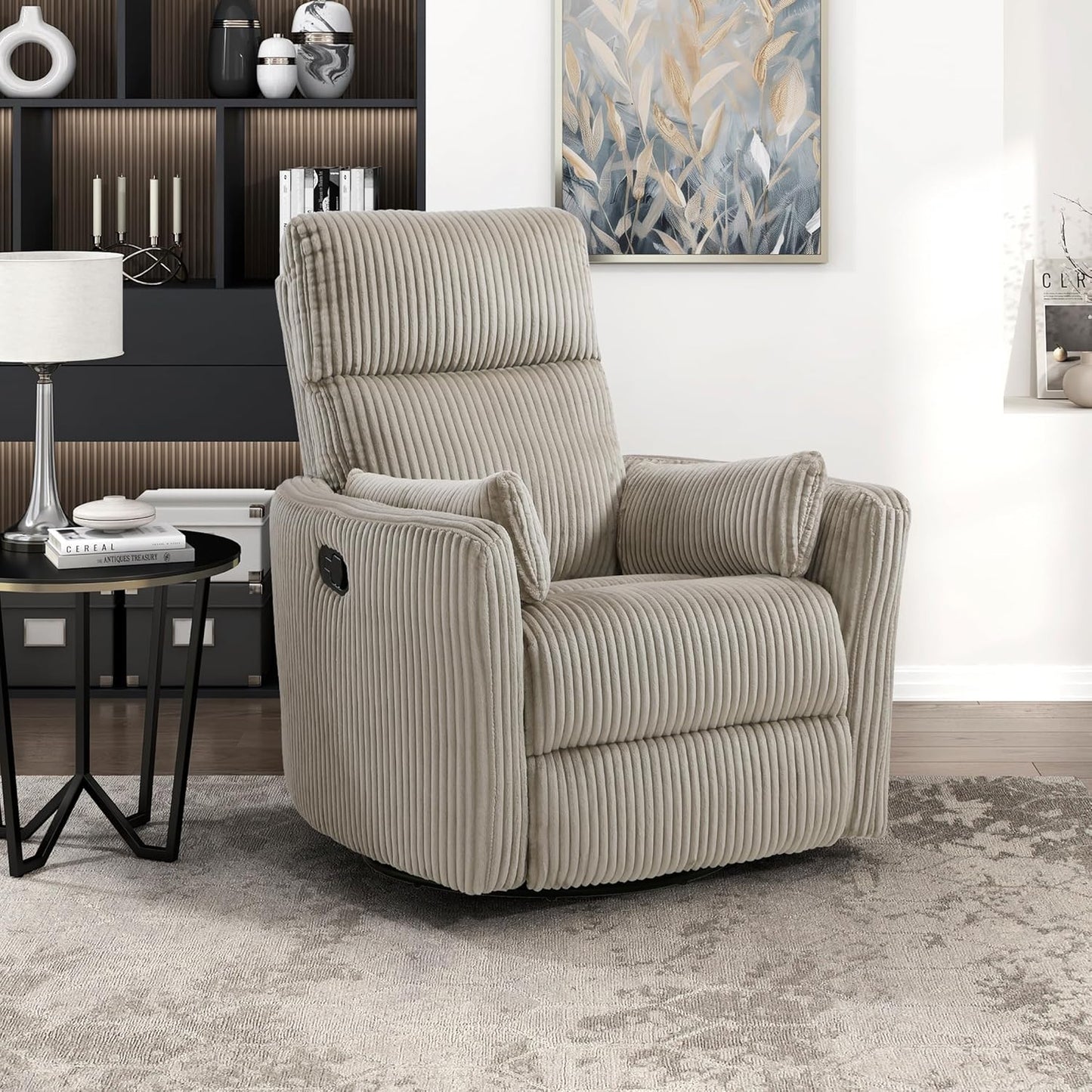 Lexicon Modern Swivel Glider Recliner Chair, Nursery Glider, Corduroy Fabric Upholstery Recliner with 2 Lumbar Pillows, Manual Reclining Sofa Chair for Living Room/Office/Apartment, Beige