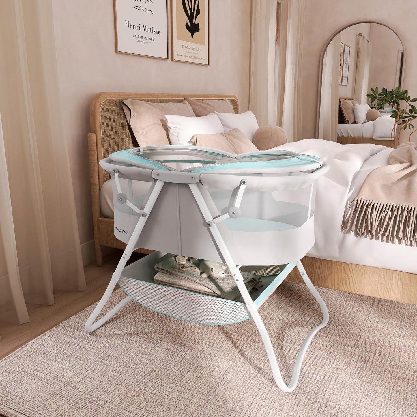Dream On Me Karley Bassinet, Award Winner Lightweight Travel Baby Bassinet, Foldable Bedside Sleeper, Adjustable Double Canopy, Spacious Design, Soft Fabric, Storage Basket – Blue and Grey