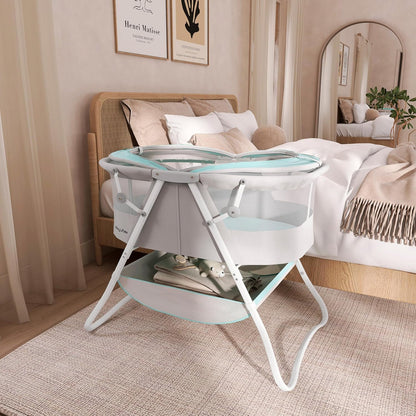 Dream On Me Karley Bassinet, Award Winner Lightweight Travel Baby Bassinet, Foldable Bedside Sleeper, Adjustable Double Canopy, Spacious Design, Soft Fabric, Storage Basket – Blue and Grey