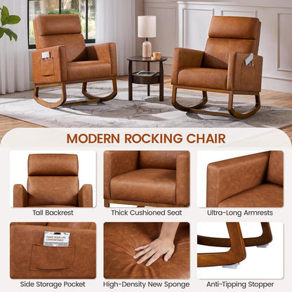 Yaheetech Upholstered Rocking Chair, Boucle Glider Chair Nursery Chair with High Back and Side Pocket, Rocking Accent Armchair with Rubber Wood Legs for Living Room/Bedroom/Nursery, Ivory