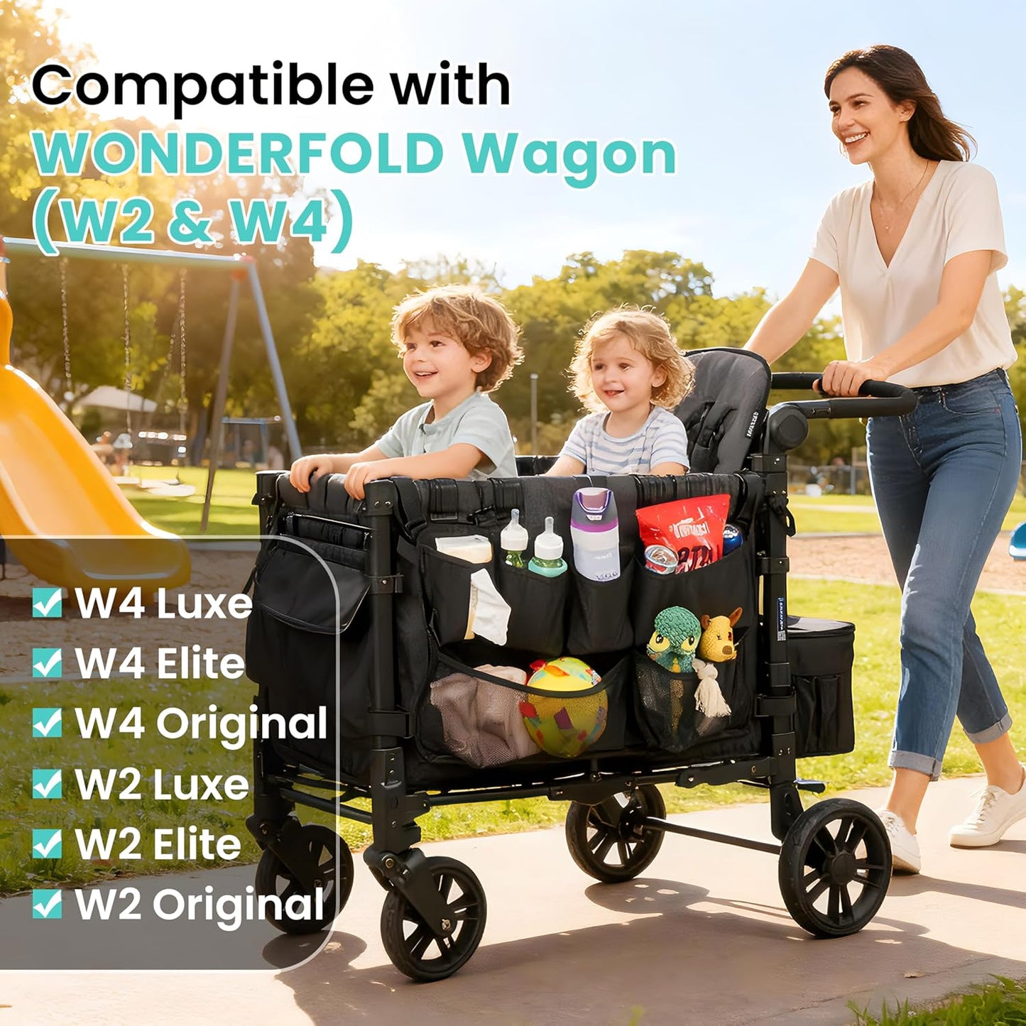 Stroller Wagon Cargo Net and Organizer Compatible with Wonderfold W2 & W4, Double-Layer Expandable Storage Net with Zippered Pockets, Foldable Wagon Accessories, Heavy-Duty Mesh (1 Pack)
