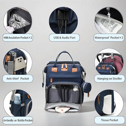 Diaper Bag with Changing Station, Travel Diaper Bag Mosquito Net, Waterproof, Insulated Bottle Pockets, Multiple Compartments, Stroller Straps, Easy Diaper Changes, Unisex Blue