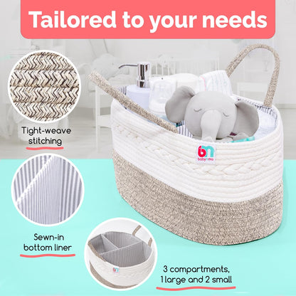 Rope Diaper Caddy - Storage for Baby and Toddler Items - Portable Cotton Organizer Easily Holds Diapers, Wipes, Clothing - Useful for Nursery, Bedroom (Gray, Regular)