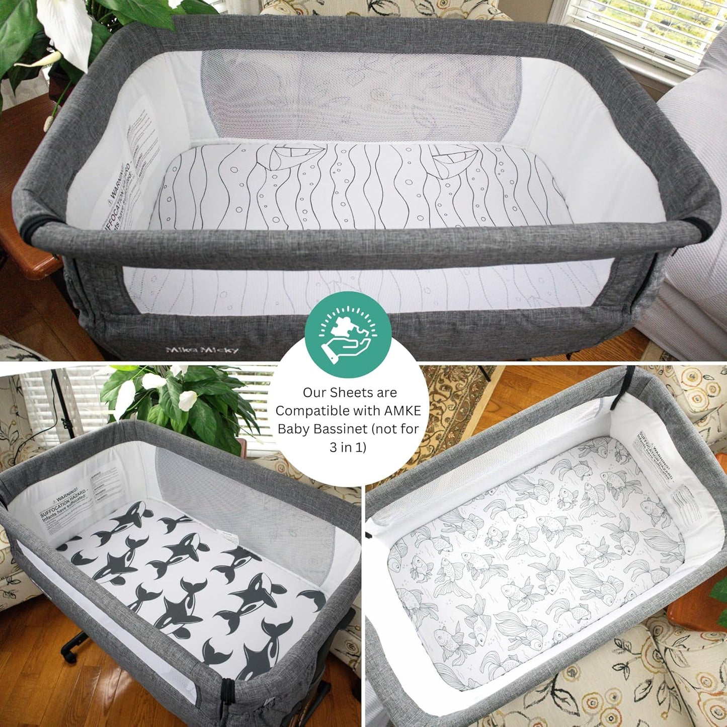 Bassinet Sheets for Papablic, CoZee, Cowiewie, Ezebaby, Nawahev Baby Bassinet Bedside Sleeper by TansyPanda, 3PC, 33x20, Ultra Soft, Breathable Snug Fit, Unisex Boys Girls, Gray White (Space Rockets)