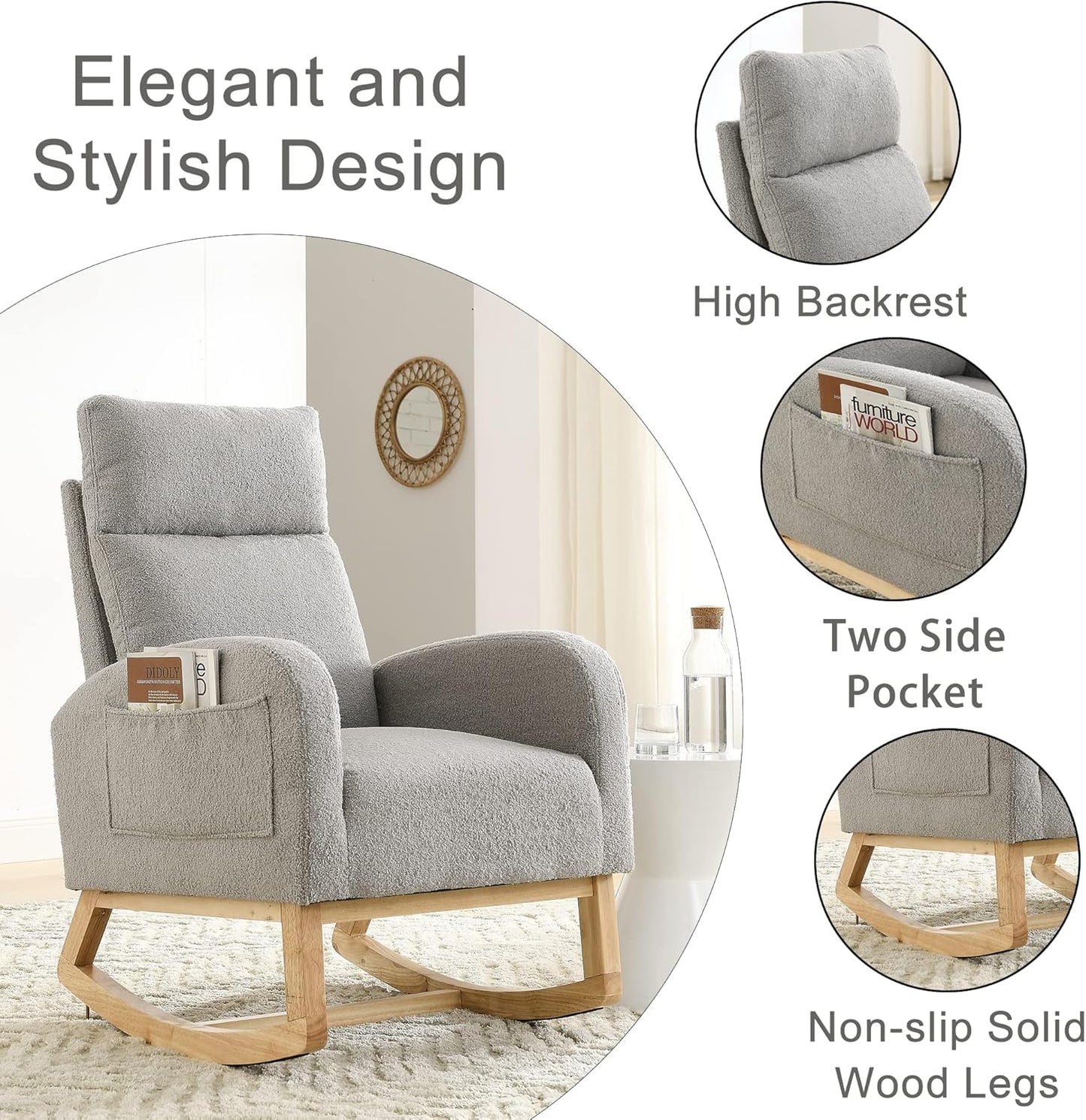 Nursery Rocking Chair with Solid Wood Legs, Glider Chair for Nursery with Two Side Pockets, Rocker Armchair for Living Room Bedroom (Ivory White, Teddy Fabric)