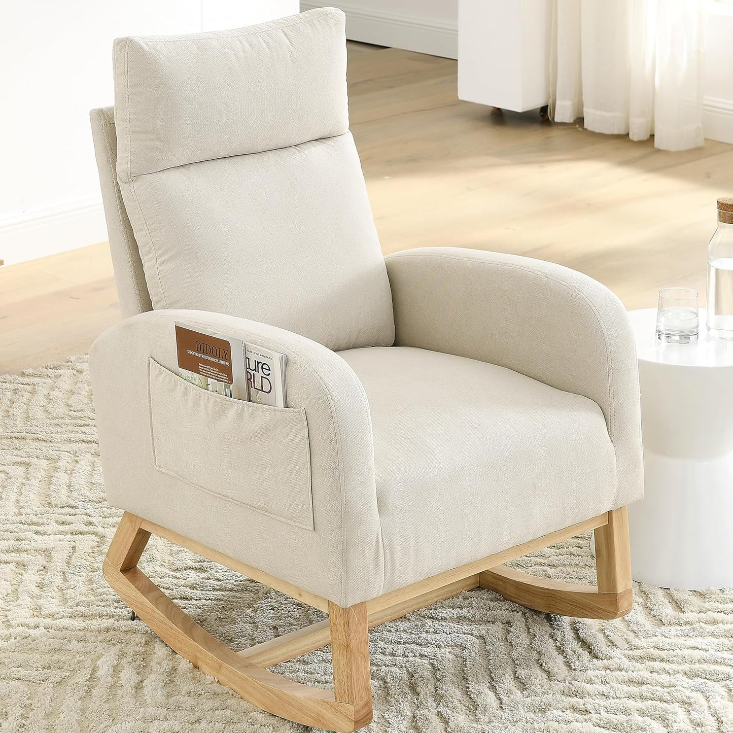 Rocking Chair Nursery, Glider Chair with High Back and Side Pocket, Solid Wood Frame Armchair with Non-Slip Padding for Nursery, Living Room, Bedroom (Ivory)