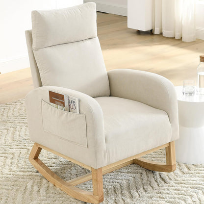 Rocking Chair Nursery, Glider Chair with High Back and Side Pocket, Solid Wood Frame Armchair with Non-Slip Padding for Nursery, Living Room, Bedroom (Ivory)
