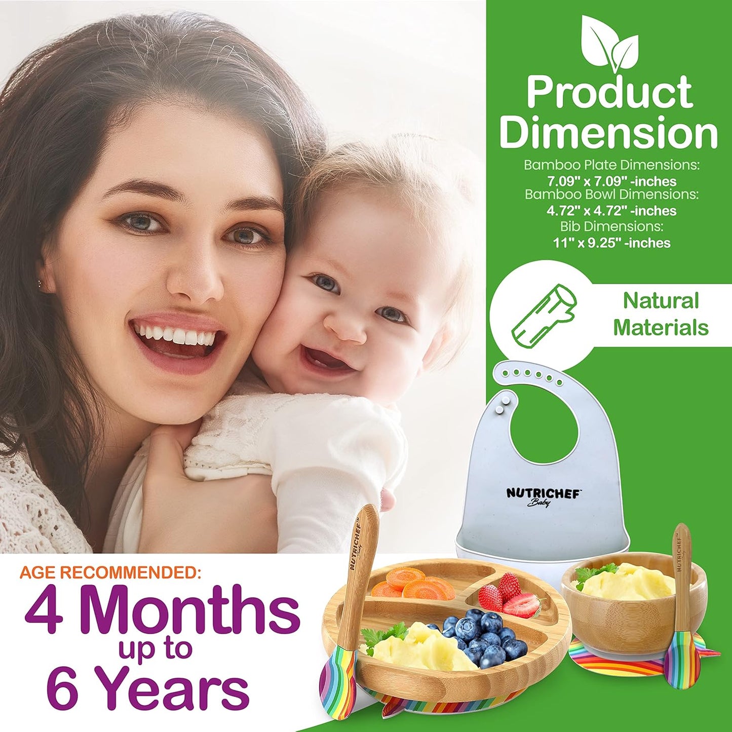 NutriChef Baby and Toddler, 3 compartment plate, bowl, and spoon feeding set- silicone suction, Non-toxic all natural Bamboo baby food plate with silicone bib (Rainbow), Small