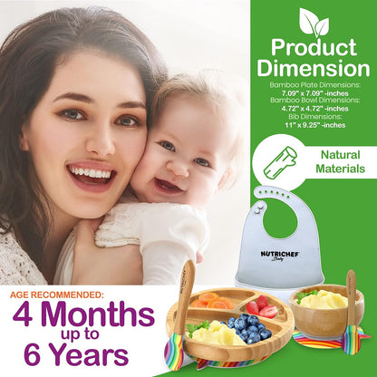 NutriChef Baby and Toddler, 3 compartment plate, bowl, and spoon feeding set- silicone suction, Non-toxic all natural Bamboo baby food plate with silicone bib (Rainbow), Small