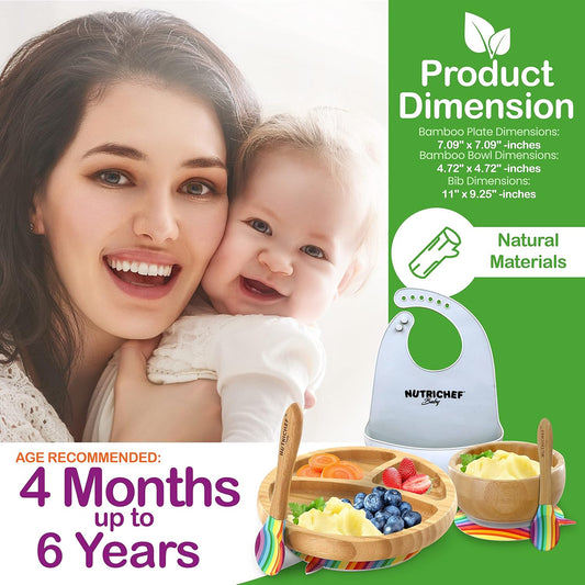 NutriChef Baby and Toddler, 3 compartment plate, bowl, and spoon feeding set- silicone suction, Non-toxic all natural Bamboo baby food plate with silicone bib (Rainbow), Small