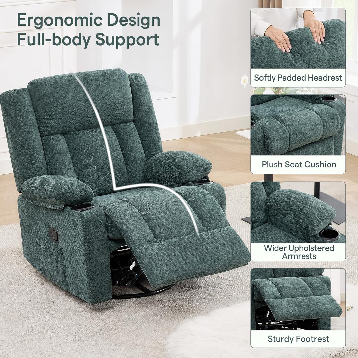 Swivel Rocker Recliner Chair, Lazy Boy Recliner with Cup Holders, 360 Degree Rotating Nursery Rocking Chair, Manual Glider Recliner for Living Room (1, Yellow)